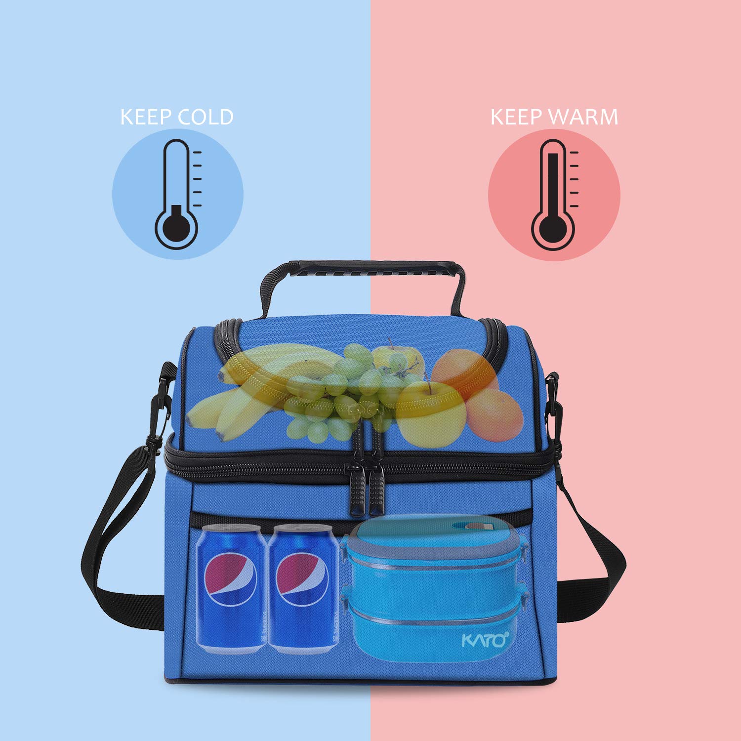 Kato Insulated Lunch Bag, Leakproof Bento Cooler Tote Lunch Box for Men and Women, Dual Compartment with Shoulder Strap, Blue