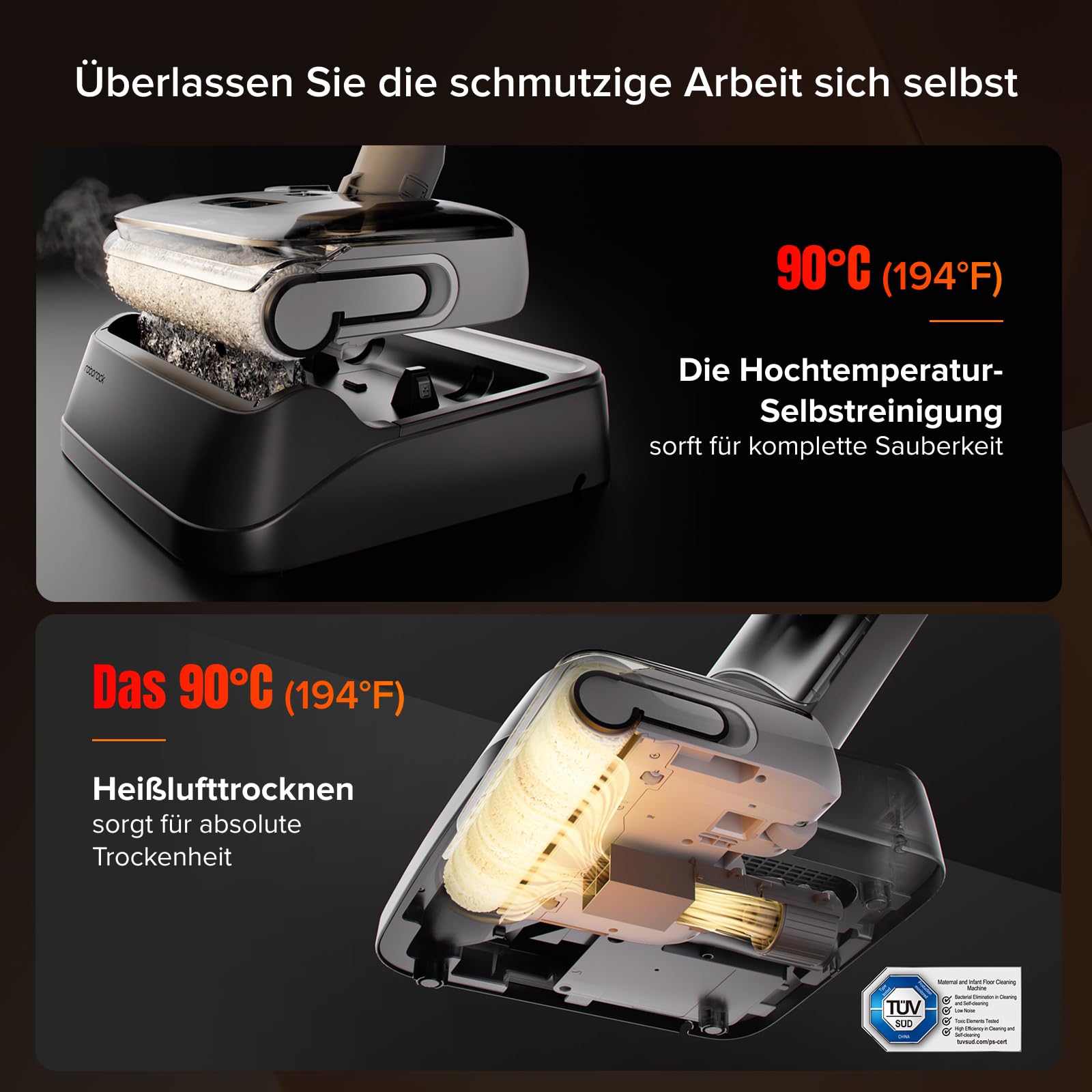 roborock F25 GT Nass Trockensauger, 180° Lay-Flat Saugwischer, 90°C Hochtemperatur Selbstreinigung, 20.000 Pa Akku Staubsauger mit Wischfunktion, Wischsauger Kabellos Anti-Tangle für HarteBoden 4