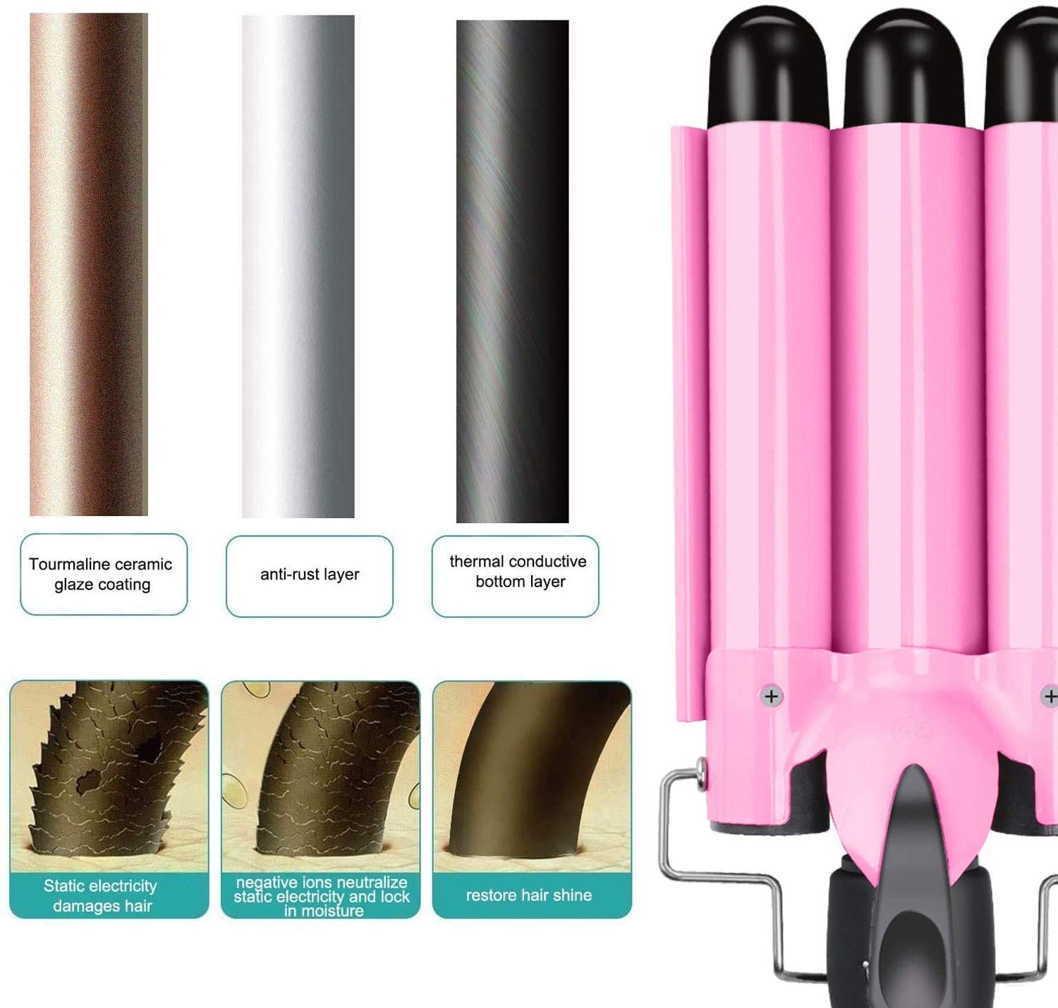 3 Barrel Curling Iron Wand Dual Voltage Hair Crimper with LCD Temp Display - 1 Inch Ceramic Tourmaline Triple Barrels, Temperature Adjustable Portable Hair Waver Heats Up Quickly (Pink): Beauty