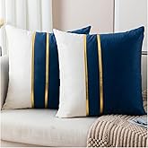 ZLINA Set of 2 Velvet Decorative Throw Pillow Covers Navy Blue White Patchwork with Gold Leather Pillow Covers 20 × 20 Inch Cushion Covers Decor Living Room Sofa Bedroom Car