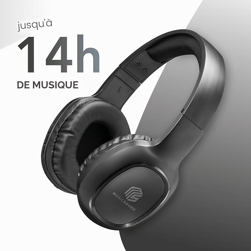 | Casque Bluetooth Basic | Casque Bluetooth Supra-auriculaire avec Bandeau Extensible - Autonomie 14h - Recharge 2h - Voyant LED et entrée AUX - Couleur Noir