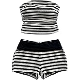 GORGLITTER Women's 2 Piece Shorts Sets Strapless Striped Tube Crop Tops and High Wasited Shorts Summer Birthday Outfits