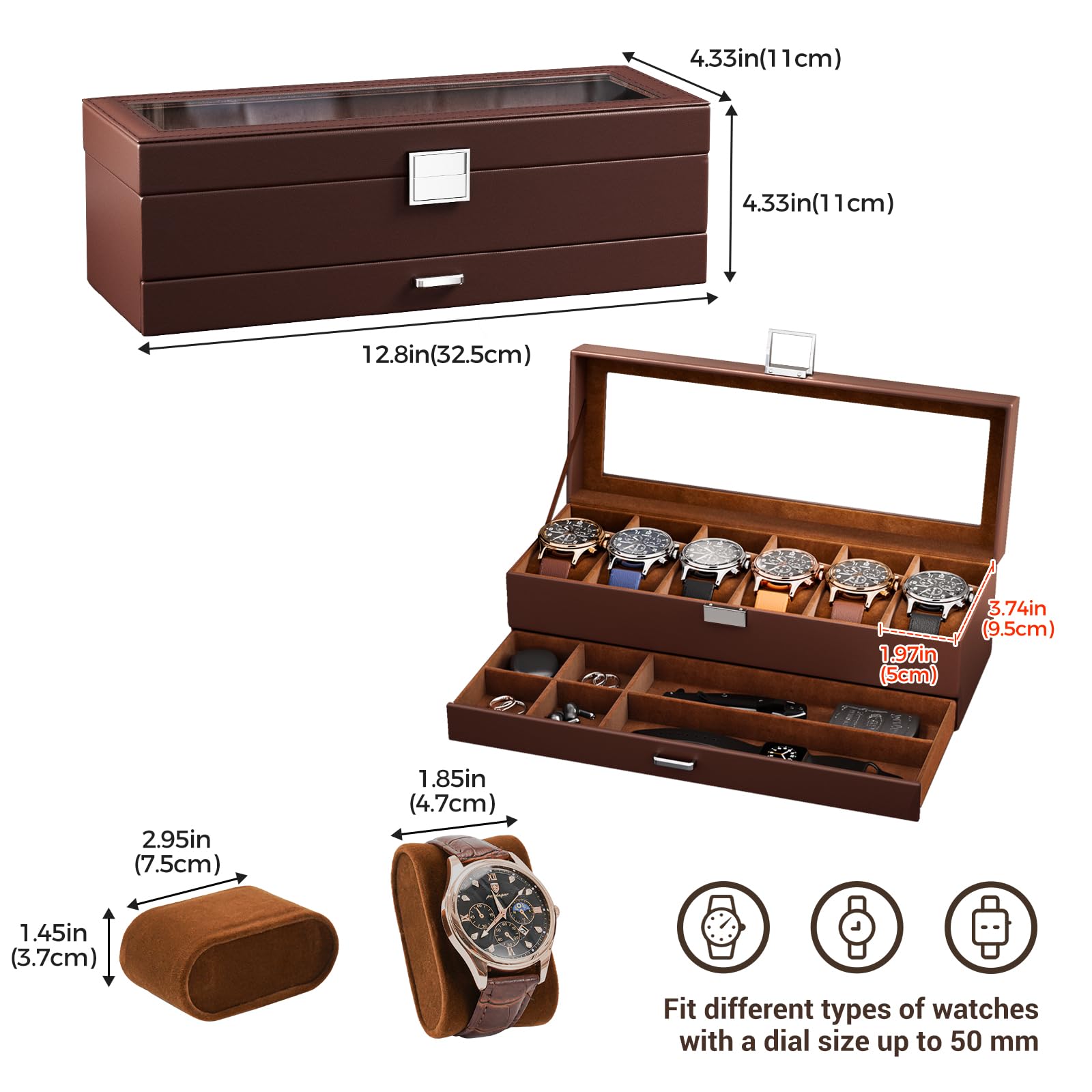 Lolalet Watch Case for Men, 6 Slot Watch Display Case with Clear Glass Lid, 2-Layer Mens Watch Box Watch Holder, 6 Watch Box Organizer, Watch Storage Case With Drawer -Espresso