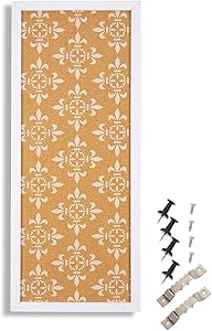 Cork Bulletin Board - Decorative Framed Corkboard Wall Decorwith White Floral Print - Perfect for Pinning Memos and Reminders - White, 23.7 x 9.7 x 0.6 inches