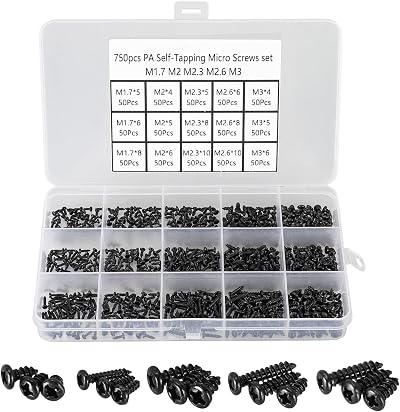 FandWay 750Pcs Small Self Tapping Screws Set M1.7 M2 M2.3 M2.6 M3 Black