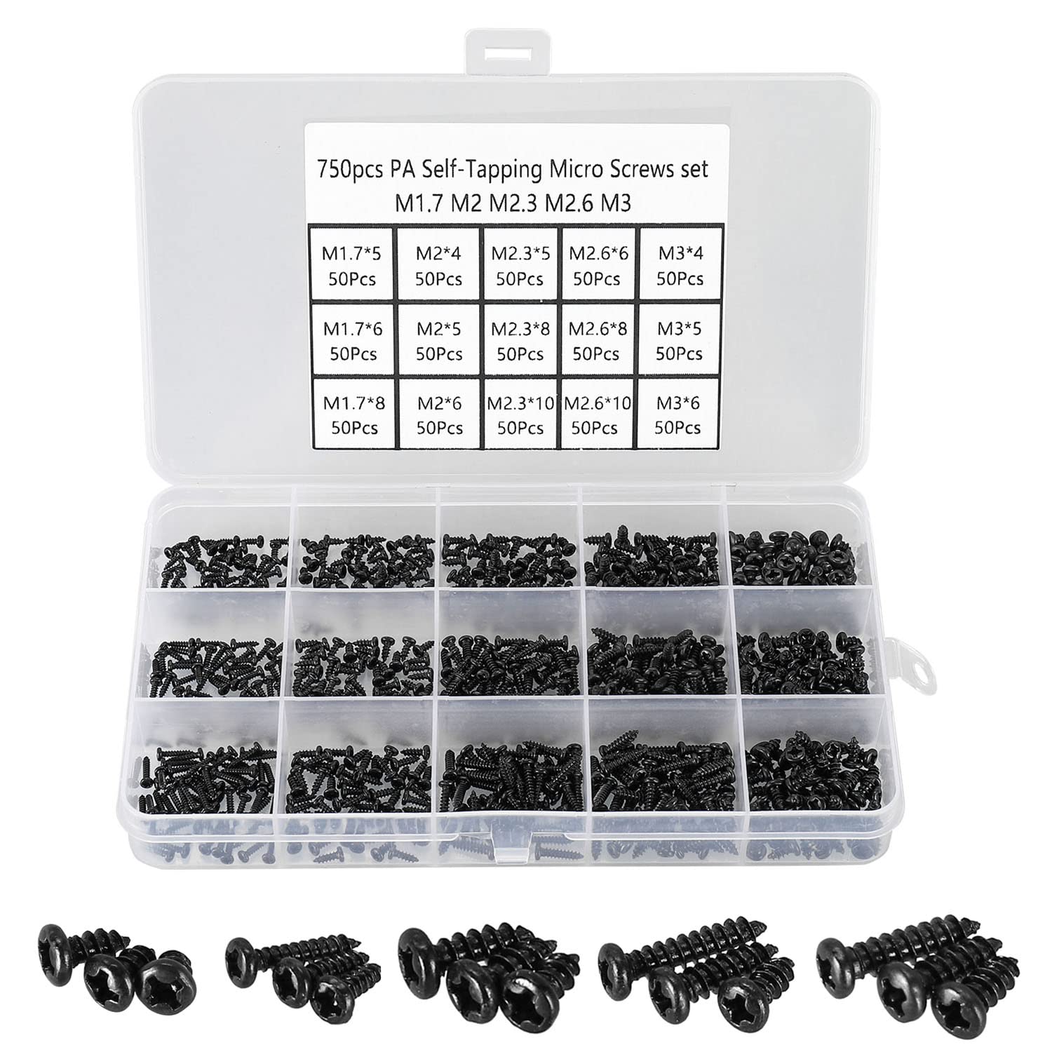 FandWay 750Pcs Very Small Self Tapping Screws Set,Tiny Micro Repair Screws Kit,Black Mini Pan Head Screw M1.7 M2 M2.3 M2.6 M3 for Plastic Wood Watch Spectacles Toy Laptop PC SSD Electronic Repair.