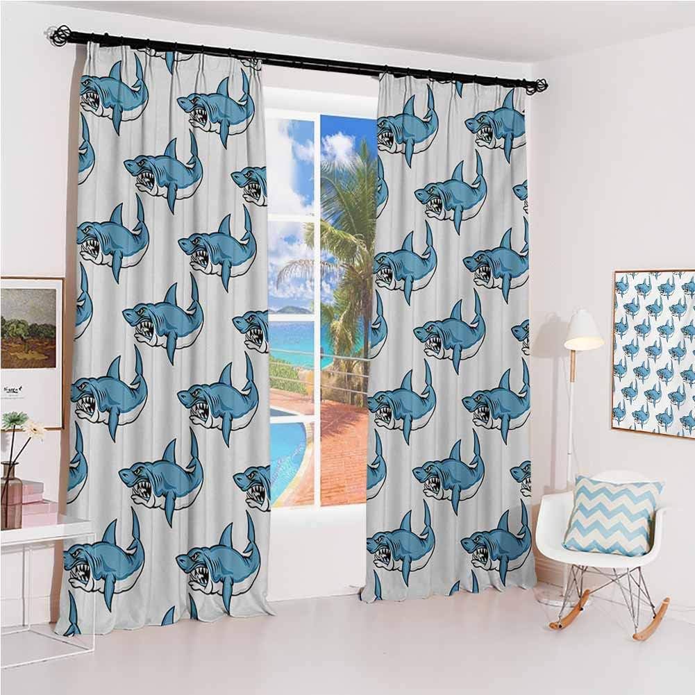 GUUVOR Animals Hook up Curtain Fierce Predator Wild Shark Swimming Sharp Teeth Bite Nautical Theme Pattern for Bedroom Kindergarten Living Room W42 x L84 Inch Blue White
