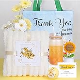 Thank You Gift for Women ,Appreciation Gift Set with Blanket, Mason Jar Cup, Bath Bomb, Canvas Tote, Crochet Sunflower & Card ,Gifts for Coworkers,Boss, Friends, Nurses, Teacher Staff