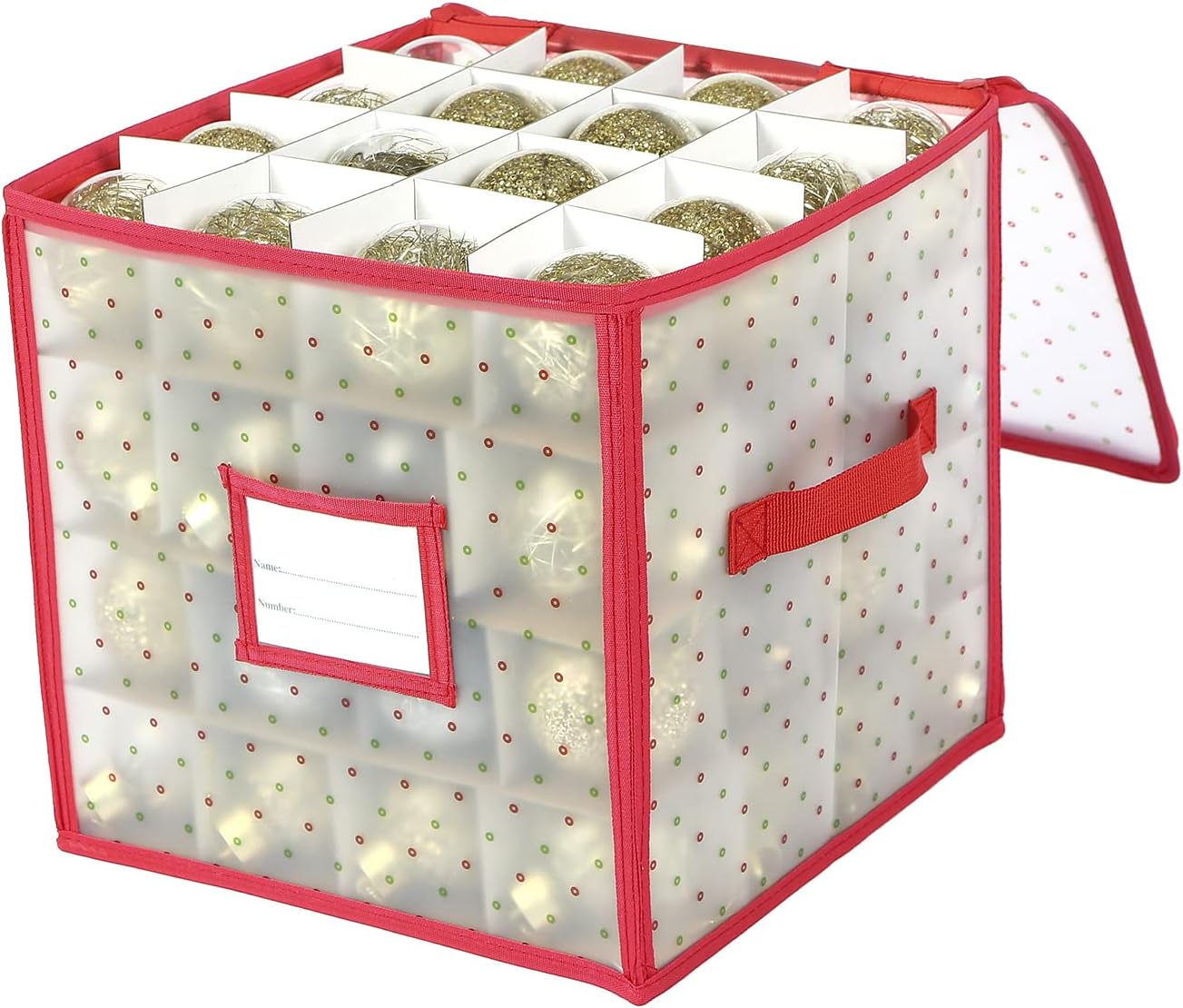 Holiday Décor Storage - Sattiyrch Plastic Christmas Ornament Storage Box Zippered Closure - Stores up to 64 of The 3-inch Standard Christmas Ornaments, Xmas Holiday Accessories Storage Container with Dividers & Two Handles