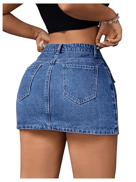 BEAUDRM WOMEN’S LOW WAIST MINI DENIM SKIRT BUTTON FRONT PLEATED BODYCON JEAN SHORT SKIRTS DARK WASH X-SMALL