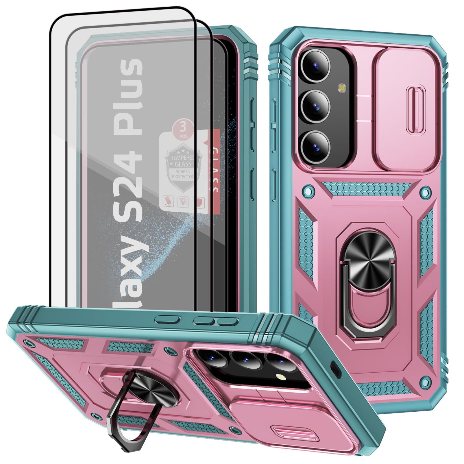 Photo 1 of Case for Galaxy S24 Plus and Galaxy S25 Plus 6.7", with 3 Pcs Tempered Glass Screen Protector Built in Ring Stand Kickstand + Camera Cover, Hard PC Soft TPU Defender Full Body Armor Cover - Pink/Green