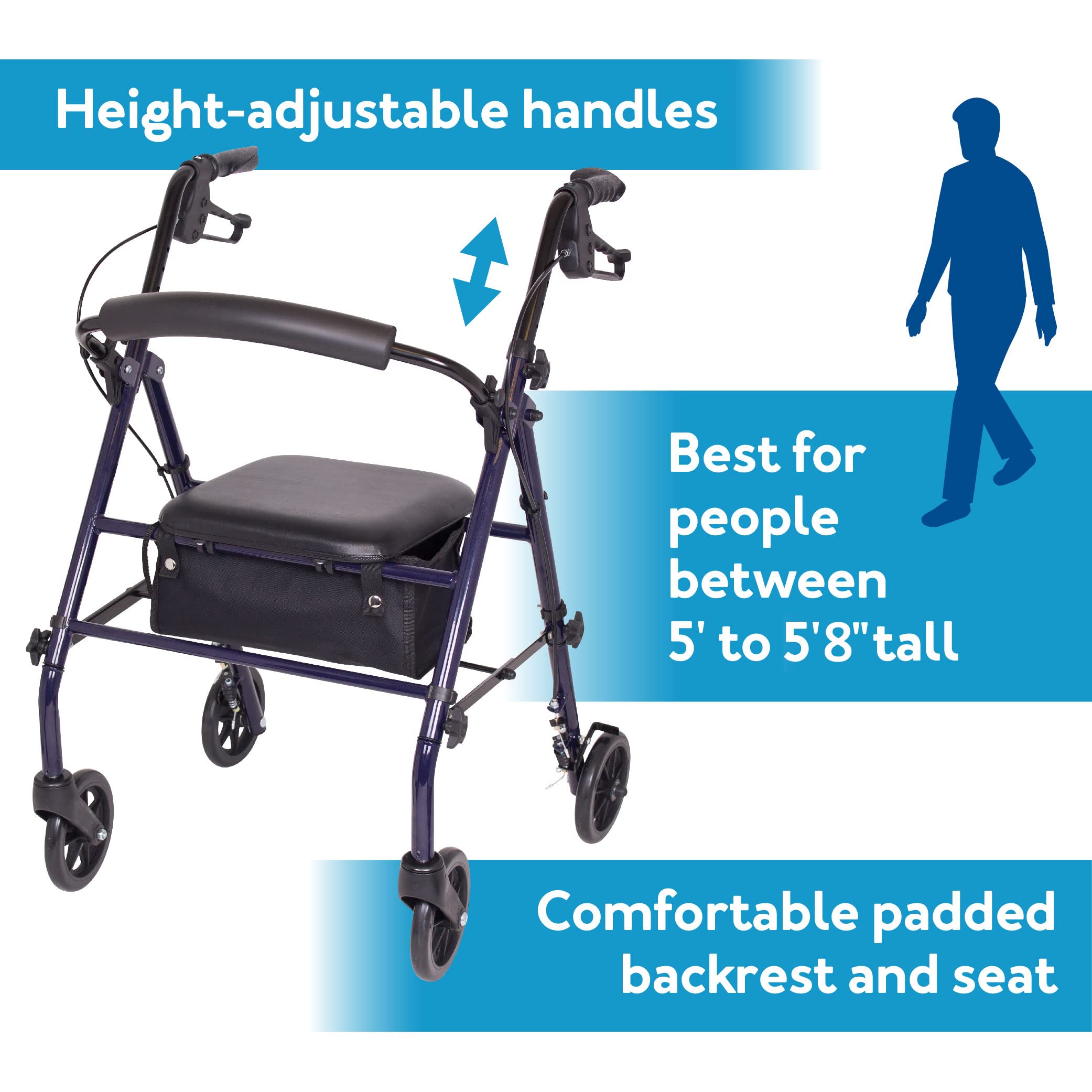 Carex Steel Rollator Walker with Seat and Wheels, Rolling Walker for Seniors, Supports 350lbs, For 5'0