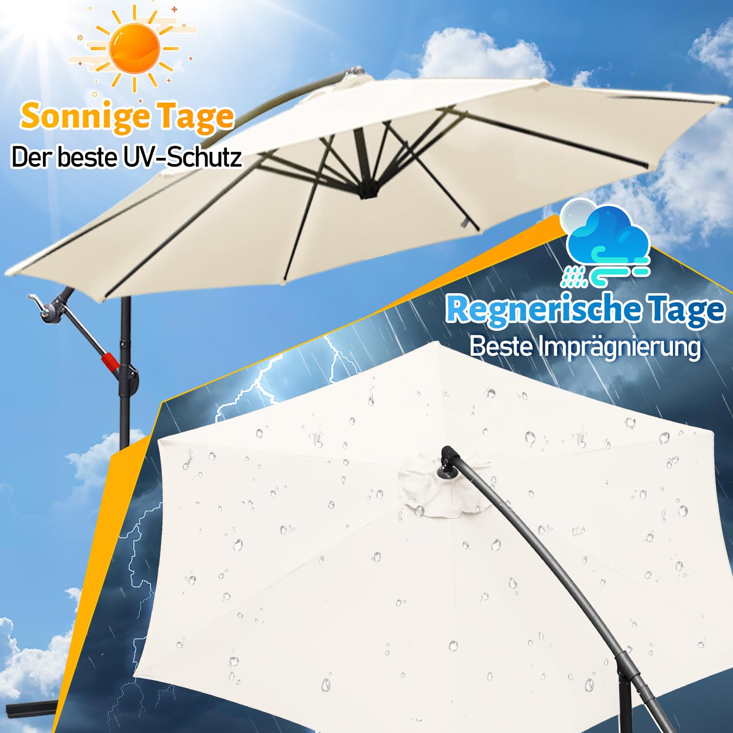 Joparri Sonnenschirm Beige Ø 300 cm mit Kurbel| Ampelschirm mit Ständer | Gartenschirm Sonnenschutz UV-Schutz Aluminium | Kurbelschirm Marktschirm wasserdicht 3