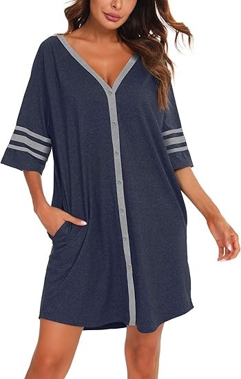 Amazon パジャマ レディース 前開き Vネック 五分袖 寝間着 ワンピース 膝丈 ポケット付き ルームウェア ナイトウェア 部屋着 川の信芸 Brumoco ネイビー M ルームワンピース ネグリジェ 通販