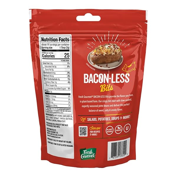 FRESH GOURMET VEGAN BACON-LESS BITS – 3.5 OZ PLANT-BASED TOPPING FOR SALADS, POTATOES, SOUPS, AND MORE | SOY-FREE, KOSHER, AND SMOKY FLAVOR | RESEALABLE POUCH