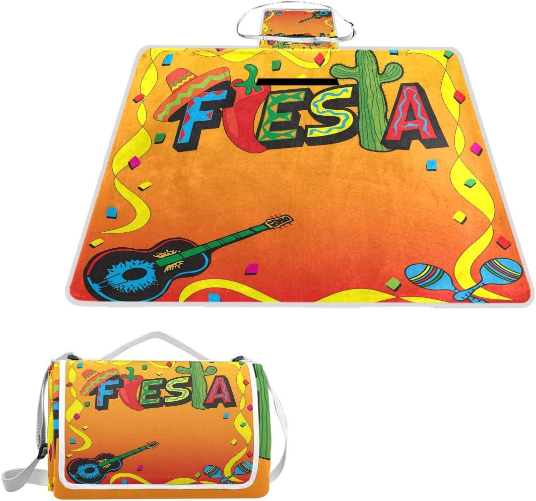 XINGAKA Picnic Blanket,Fiesta Latino Themed Party Print，Large Beach Blanket Outdoor Camping,Waterproof Backing,Foldable