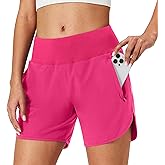 Womens Running Shorts Zipper Pockets High Waisted Quick Dry Athletic Workout Shorts with Liner