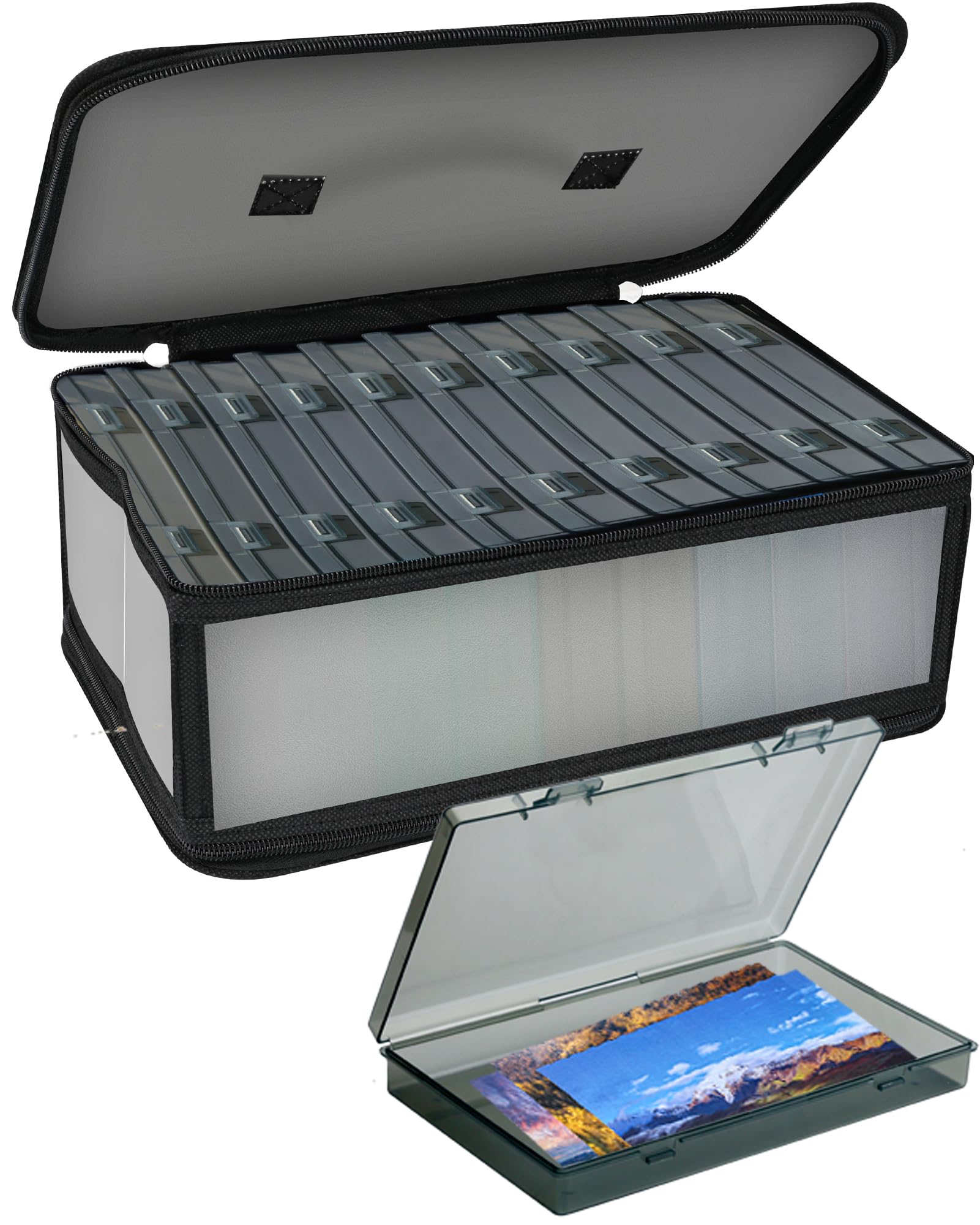 Gbivbe 4" x 6" Photo Storage Boxes Photo Case with Handle, 10 Black Inner Plastic Photo Keeper, Scrapbook Organiser Container Box for Craft, Seed, Cards Supplies with 1 Label