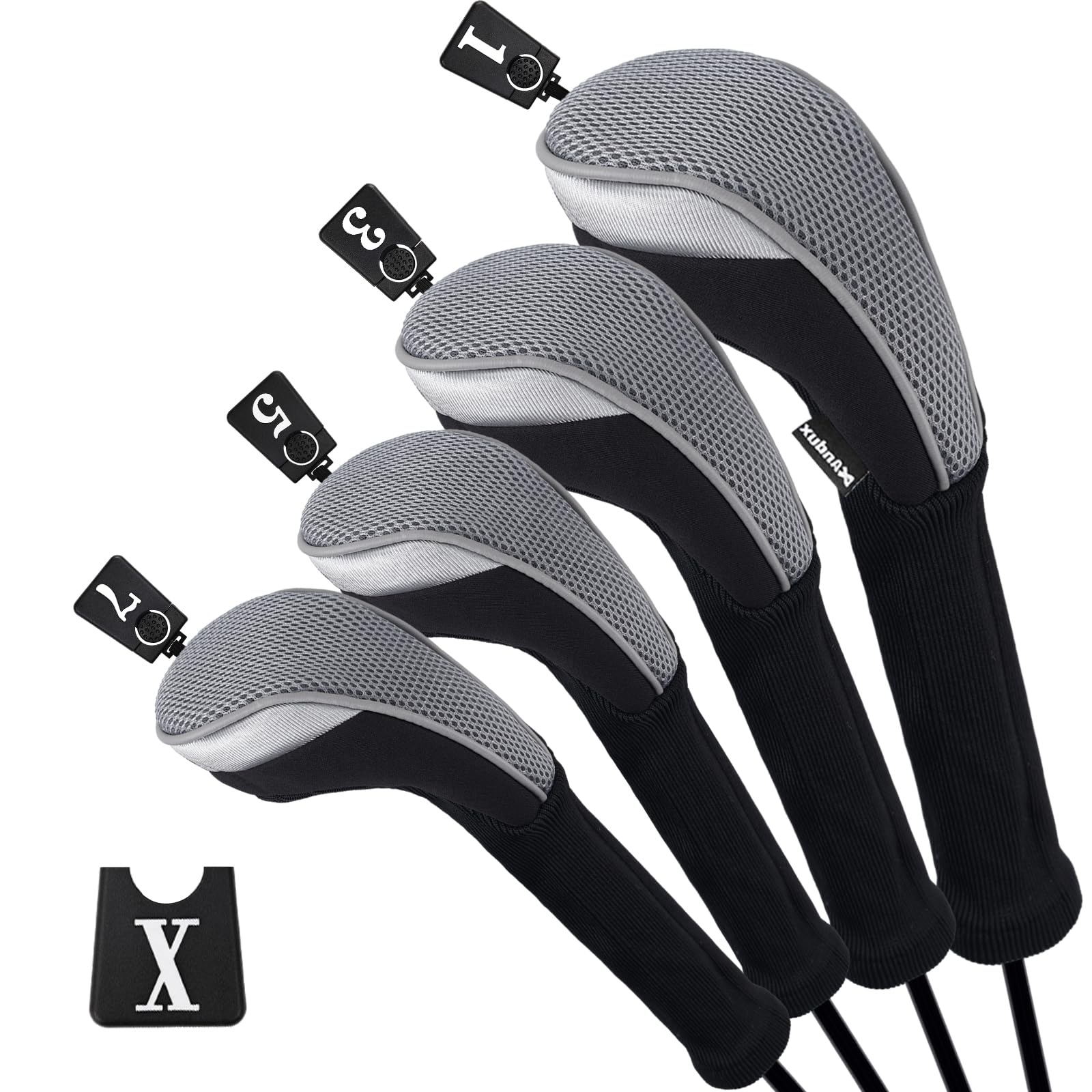Andux Golf Fairway Wood Club Head Covers 460cc Driver Extra Long Neck 4pcs/Set Black/Grey