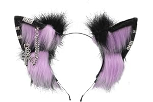 VIGVAN Handmade Wolf Fox Ears Animal Cosplay Cute Head Accessories for Halloween (Chain Black Purple)
