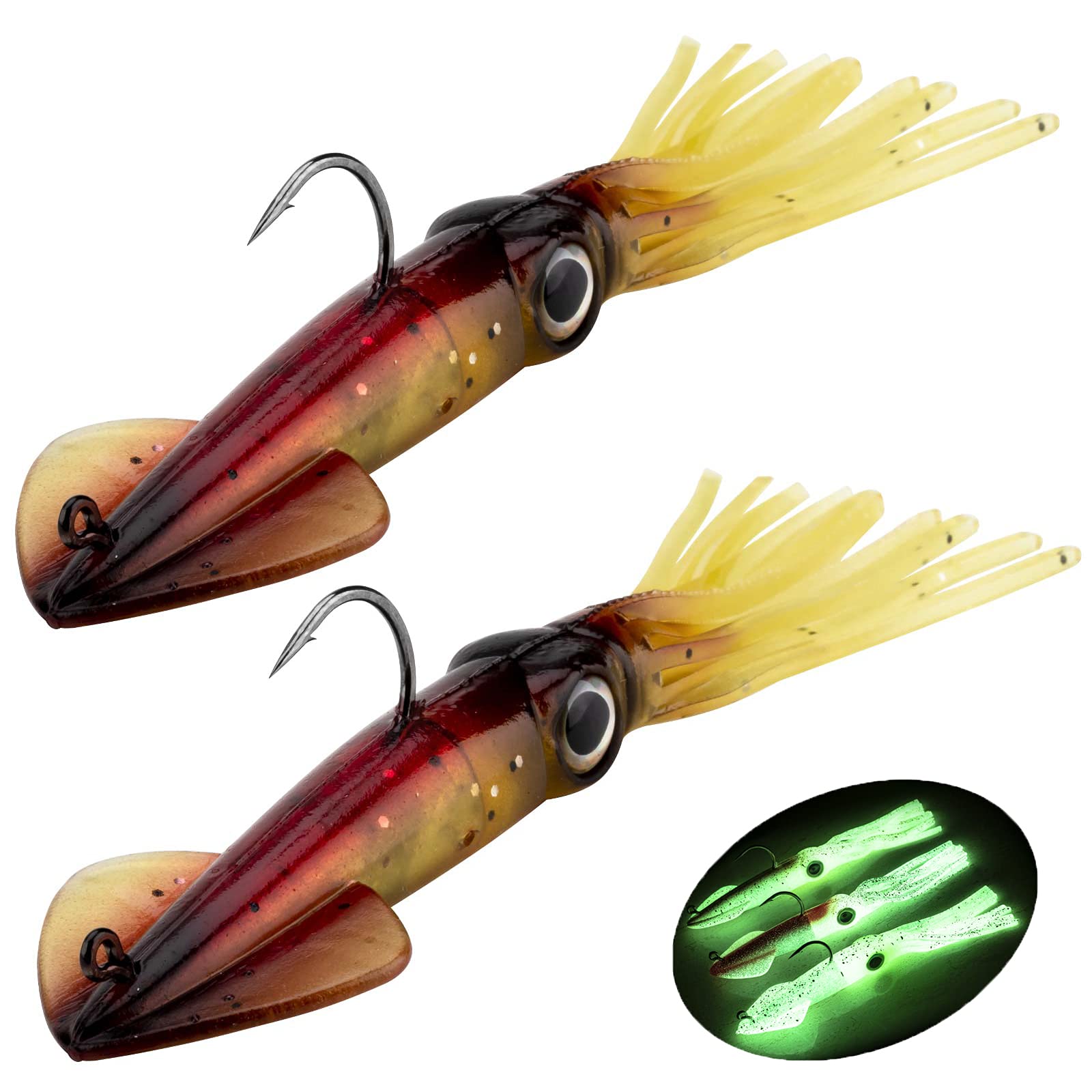 Fishing Squid Lures Kit Pre-rigged Squid Lure Glow In the Dark Squid Jig Octopus Artificial Bait Saltwater Sea Fishing Lures Sinking Lure 35g 2Pcs (C -2Pcs)