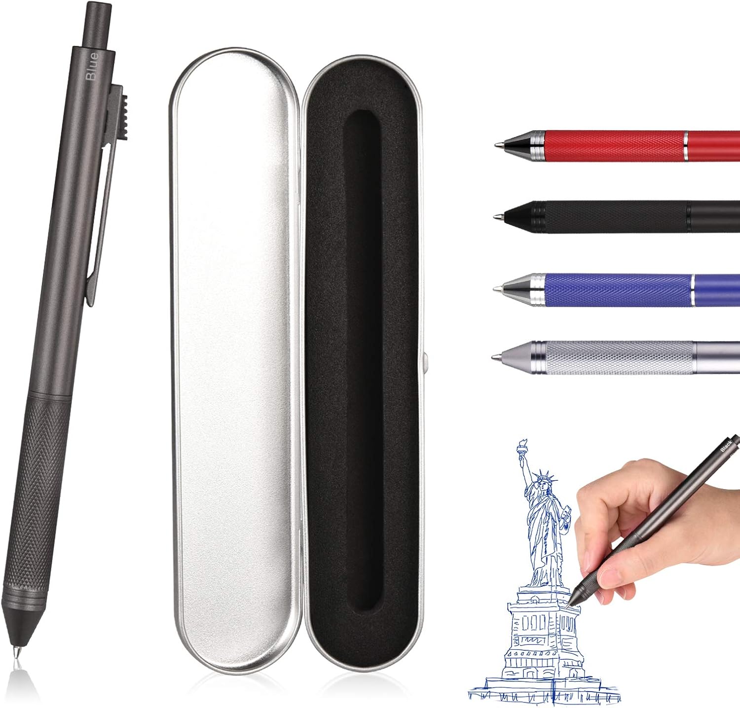 SMTTW 4-in-1 Multi-Function Refillable & Retractable Ballpoint Pen + 0.7mm Mechanical Pencil, Fine Point, Grey Metal Barrel