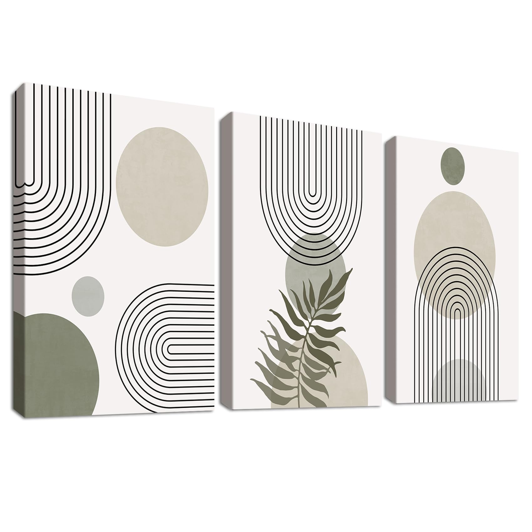 3 Pcs Wooden Framed Canvas Wall Art Abstract Boho Sage Green Canvas Prints Geometric Line Beige Green Pictures for Living Room Bedroom Kitchen Hallway Stairs Wall Decor 120x60cm(16"x24"x3pcs) — image 1