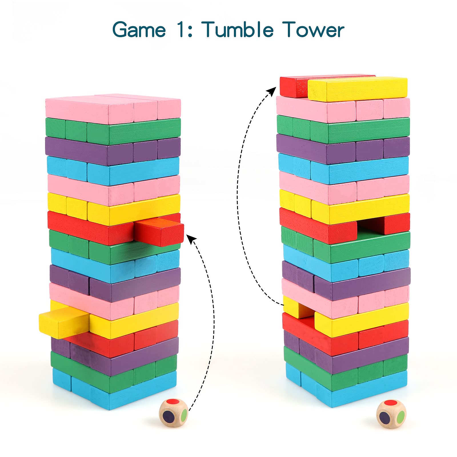Wooden Blocks Stacking Games, 48PCS Tumbling Stacking Blocks Game for Kids and Families, Wood Colorful Balancing Blocks Montessori Toys for Kids with Storage Bag