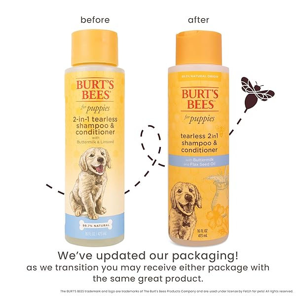 BURT’S BEES FOR PETS TEAR FREE PUPPY SHAMPOO & CONDITIONER WITH BUTTERMILK, 2 IN 1 GENTLE DOG SHAMPOO FOR PUPPIES, CLEANS AND CONDITIONS SENSITIVE SKIN, 16 FL OZ