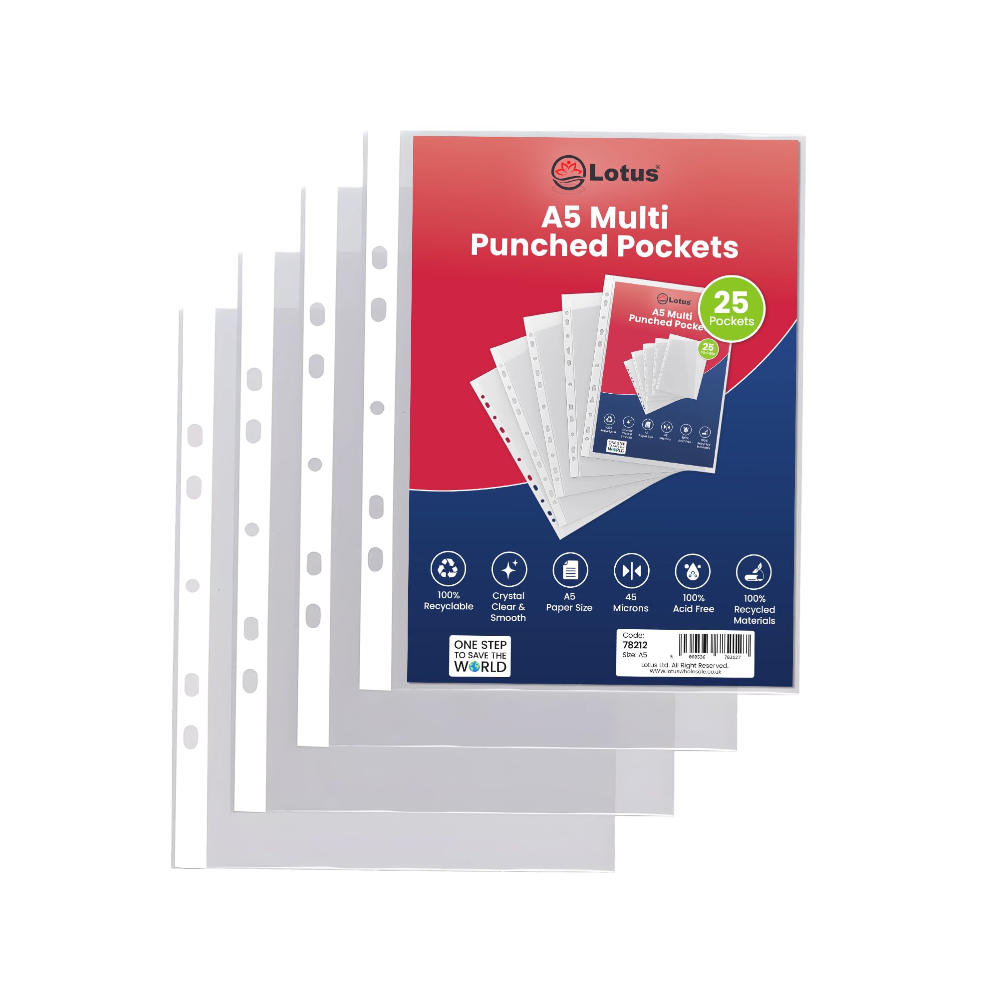 Lotus Premier A5 Punched Pockets - 45 Micron Ultra-Durable Transparent Poly Wallets | Crystal Clear Heavy Duty Sheet Protector Sleeves for Documents, Photos, and Presentations - 78212 (Pack of 25)