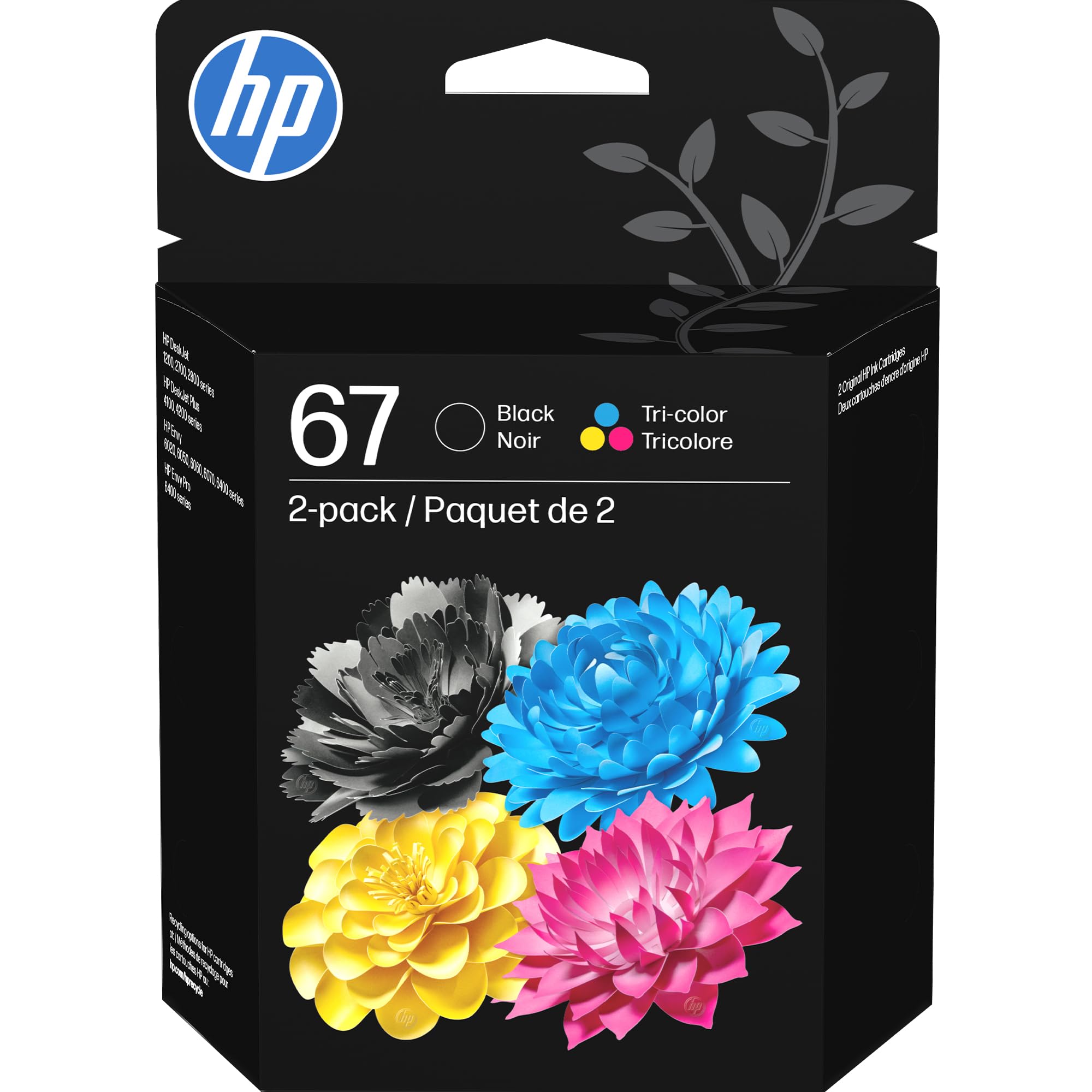 Cartuchos de tinta HP 67 negro/tricolor (paquete de 2) | Funciona con DeskJet 1255, 2700, 4100, Envy 6000, 6400 | Elegible para tinta instantánea | 3YP29AN | El embalaje puede variar