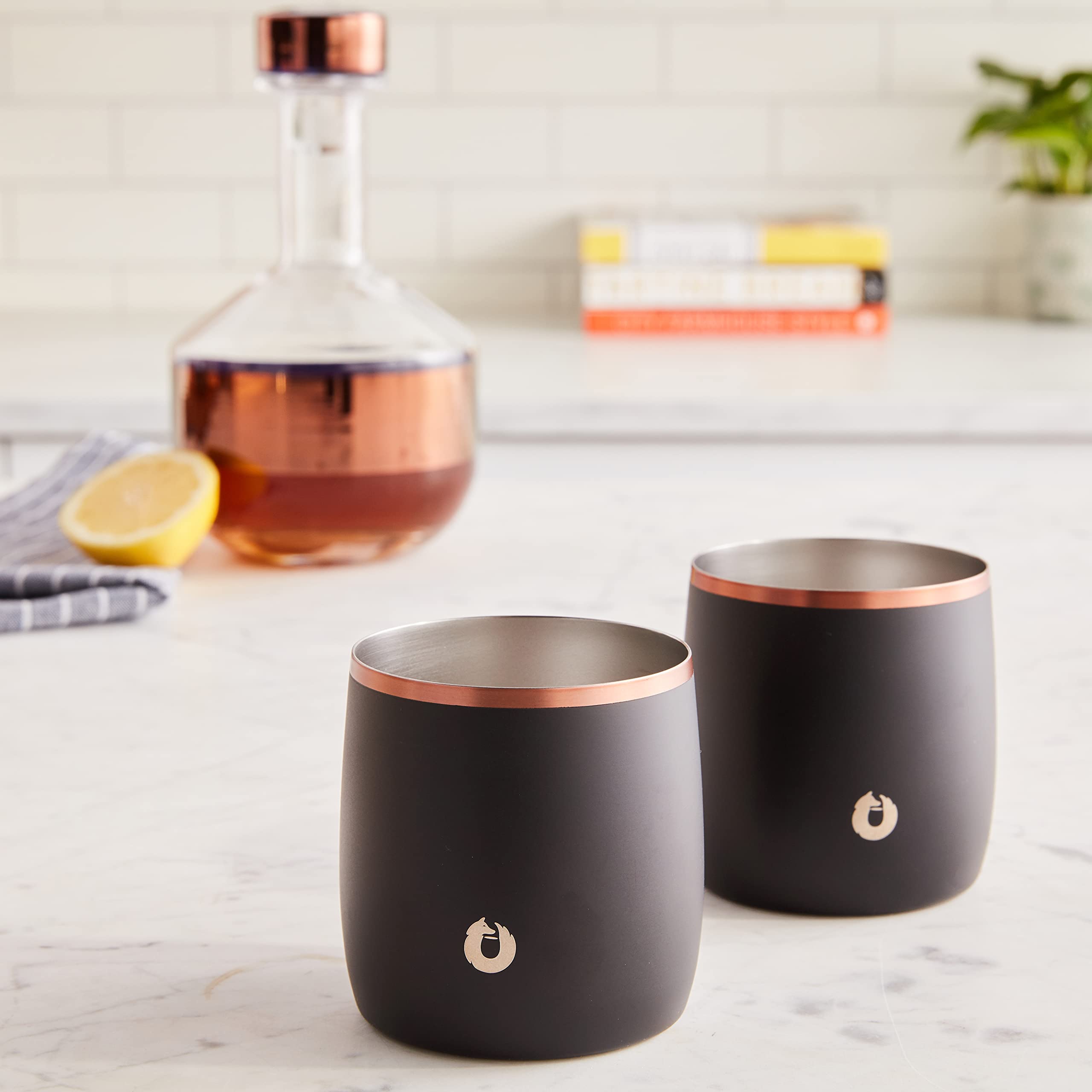 Snowfox Premium Vacuum Insulated Stainless Steel Whiskey Rocks Glass, Set of 2, Old Fashioned, Whiskey, Lowball Glasses, Elegant Home Bartending, Beverages & Cocktails Stay Cold, Black/Gold