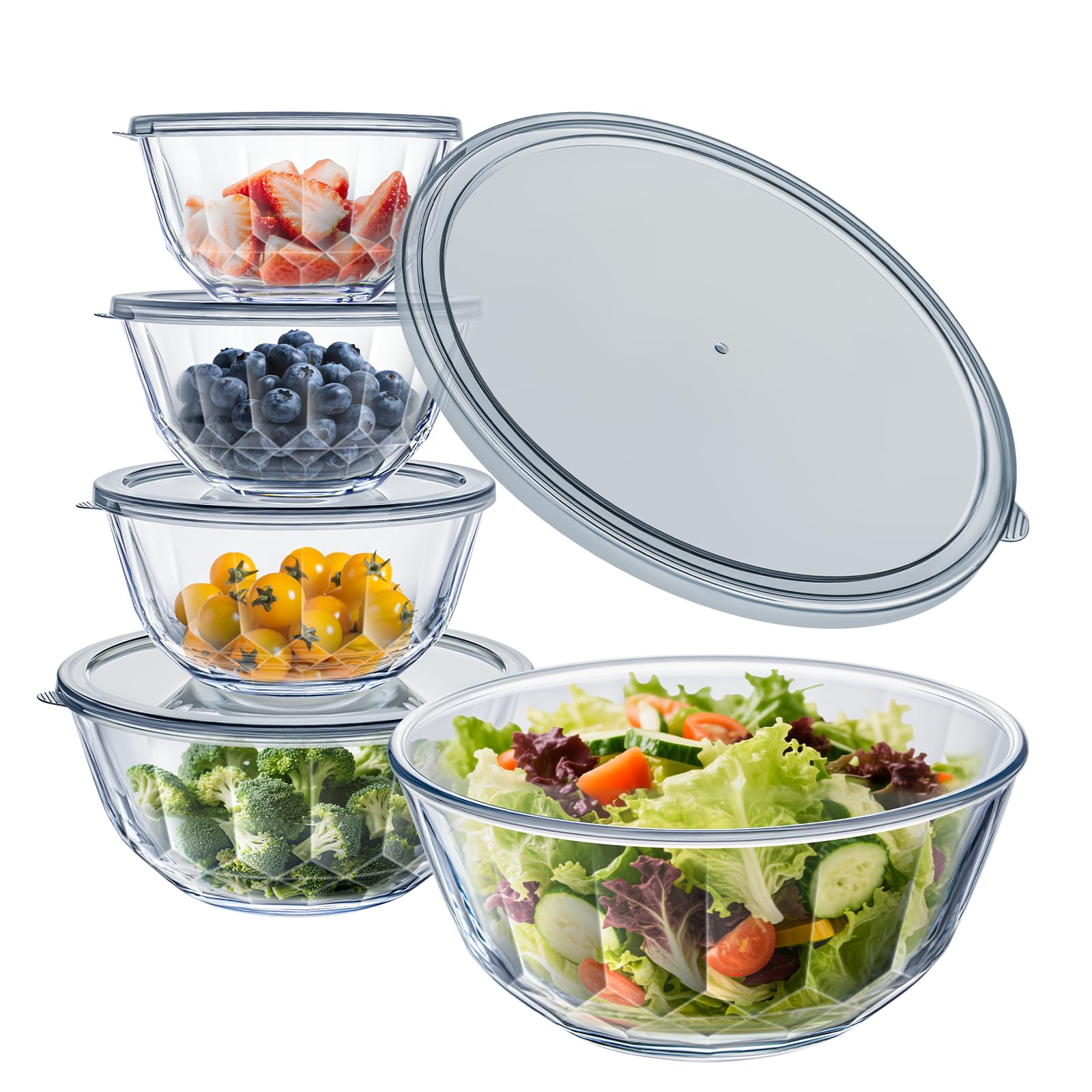 Photo 1 of WhiteRhino Glass Mixing Bowls with Lids Set of 5?4.70QT,2.85QT, 1.69QT,1.11QT,0.85QT,Glass Bowls with Lids,Large Salad Bowls Space-Saving Nesting for Cooking,Baking,Prepping,Dishwasher Safe