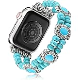 Fivoilin Beaded Bracelet Compatible with Apple Watch Band 38mm 40mm 41mm 42mm 44mm 45mm 46mm 49mm Women, Western Handmade Natural Stone Boho Elastic Stretch Strap for iWatch Band SE Ultra 2 Series 10 9 8 7 6 5 4 3 2 1