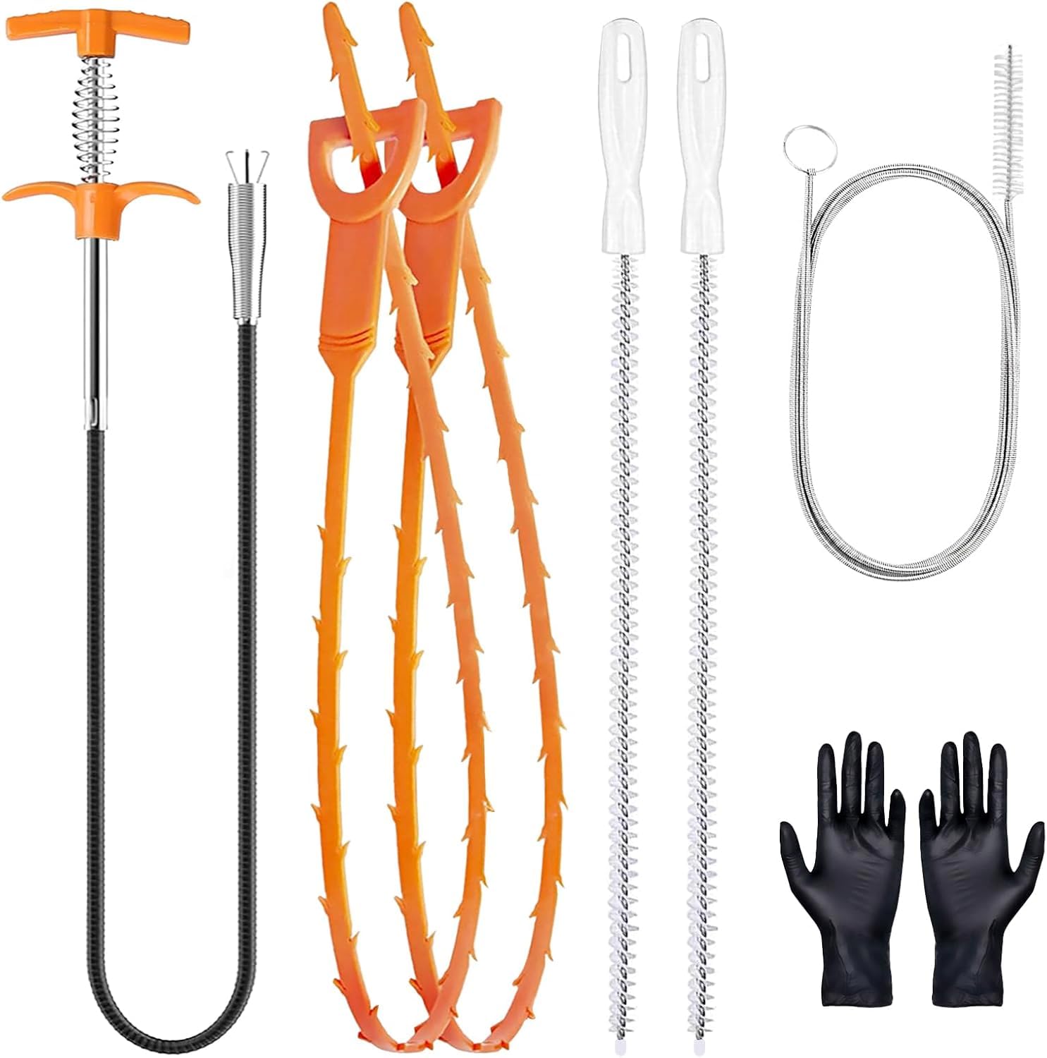 Photo 1 of 61in Drain Snake Tool Set, Flexible Grabber Tool 1 Pcs, Hair Drain Clog Remover 2 Pcs, Cleaner Brush Tool 2 Pcs, Spring Unclogger (1 Pcs) for Toilet Sink Sewer Bathroom Tub Clogged, Car, Fridge