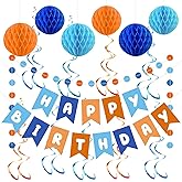 Cuworlis Birthday Decorations, Happy Birthday Banner, Honeycomb Balls Blue and Orange Party with Hanging Swirls, Streamers, Honeycomb Balls, Circle Dots for Women Men Boys Girls Birthdays Party