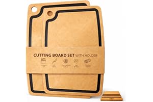Kibu Home Wood Fiber Cutting Board Set (2) with Holder| Composite Cutting Board | Dishwasher Safe, Knife-Friendly, Non-Toxic,