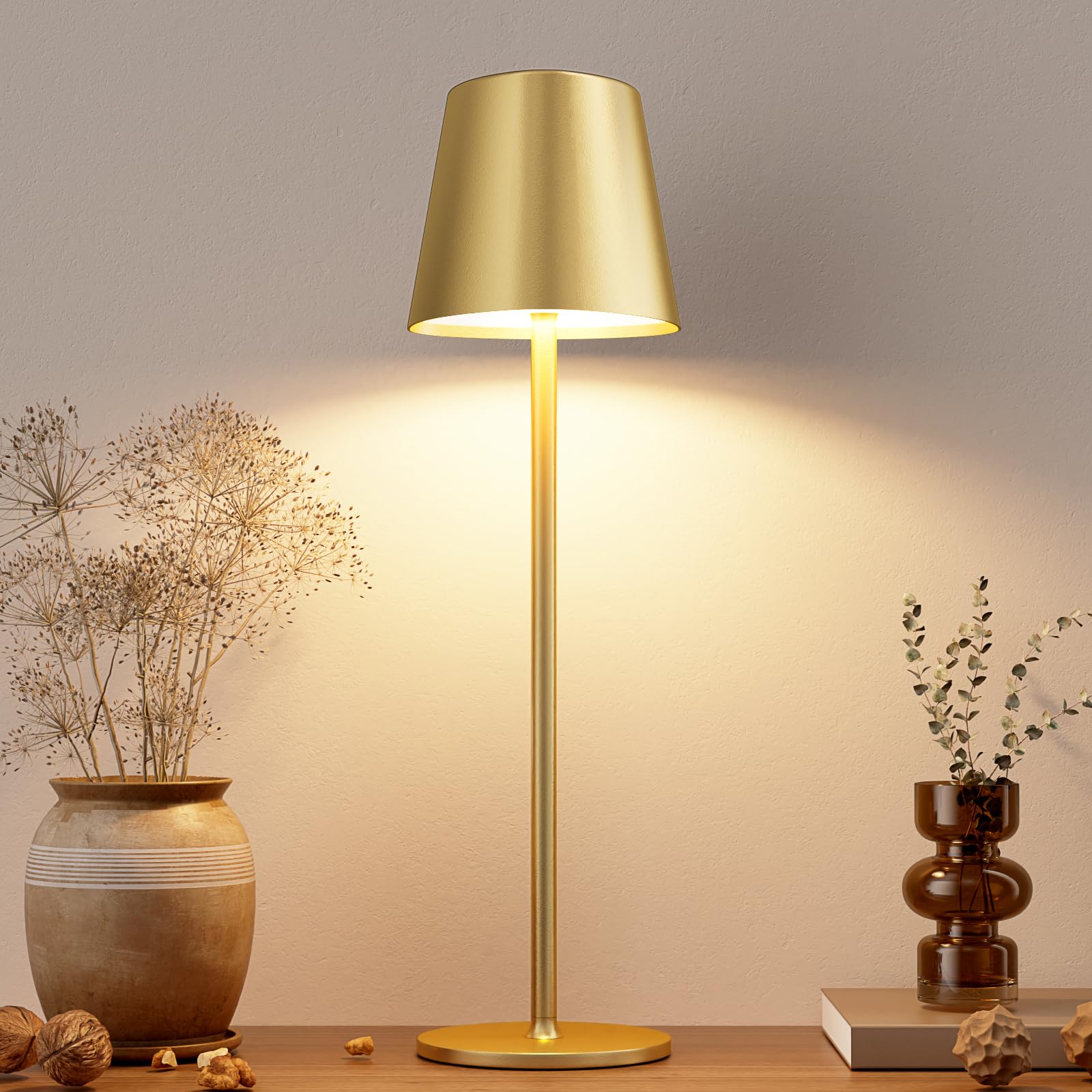 Photo 1 of Kakanuo Cordless Table Lamp, Battery Operated Lamp, Portable LED Wireless Rechargeable Lamp, 3 Color Stepless Small Table Lamp for Restaurant, Bar, Party, Camping and Bedroom - Gold