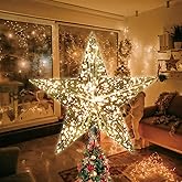 LAMPHOME 9" 10L Christmas Tree Topper,Star Tree Topper,5 Points Gold Glitter Star Tree Topper, Golden Chrome, Warm White