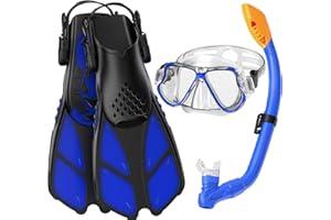 CKE Snorkel Set with Fin for Kids Teens Snorkeling Snorkel Diving Scuba Package Set Anti-Fog Anti-Splash Silicon Mouth Piece 