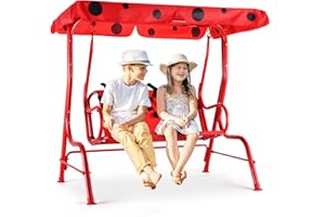 Costzon Kids Porch Swing, All-Weather Patio Swing Bench Hammock w/Adjustable Canopy & Safety Belts for 2 Children, Outdoor Swing for Backyard Garden Balcony Poolside (Red, Ladybug Pattern)