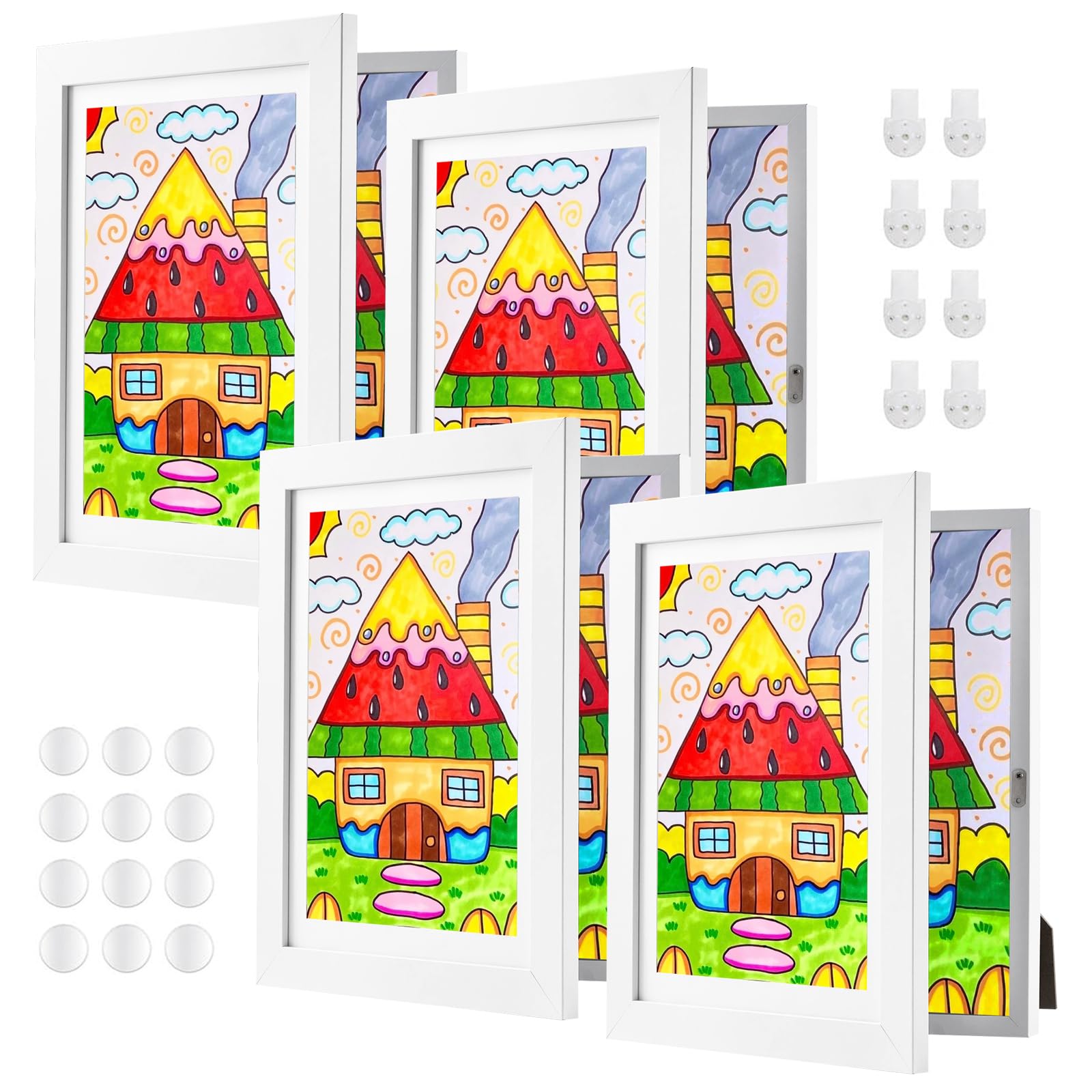 Photo 1 of ABCHIOPQ 4 Pack White Kids Art Frame, 8.5x11 Front Opening Wood Kid Artwork Frames Changeable, Wall-mounted or Standing Children Art Frame with Mat, Holds 150 Pcs, Drawing Display Storage Frames