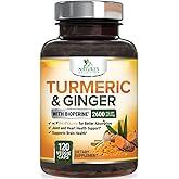 Turmeric Curcumin Supplement 2600mg - 95% Curcuminoids with Organic Turmeric & BioPerine Black Pepper Extract for Best Absorption, Natural Vegan Joint Support, Non-GMO, Bottled in USA - 120 Capsules