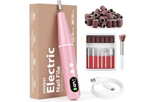 CCIGEDY Electric Nail Drill Kit Professional - 9 Speed Cordless Electric Nail File with LED Display, Portable Nail Drill Machine for Acrylic Gel Nails, Hand Feet Trimmer Buffer Tool for Women Men Baby Pink