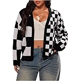 WDIRARA Women's Plus Size Plaid Checkered Cardigan Sweaters Button Down Long Sleeve Knit Outerwear