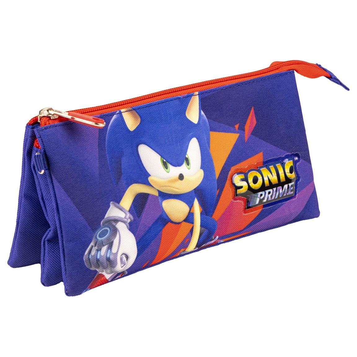 Sonic Prime Triple Compartment Pencil Case - Blue and Red - 22.5 x 2 x 11.5 cm - Made of Polyester - Zip Closure - Sonic Prime Printed Design - Original Product Designed in Spain