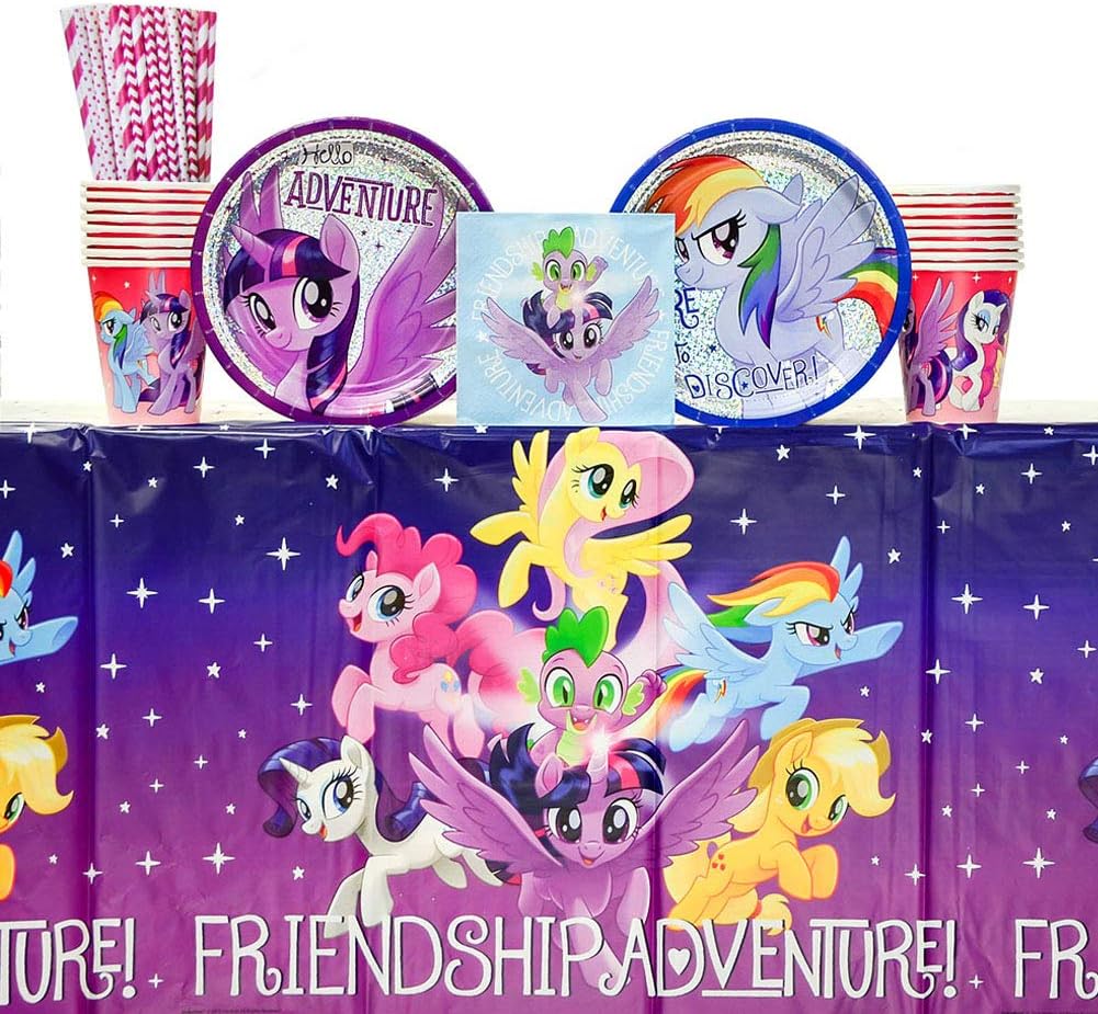 My Little Pony Friendship Adventures Birthday Party Supplies Pack for 16 Guests, 24 Paper Straws, 16 Dessert Plates, 16 Beverage Napkins, 1 Table Cover, and 16 Paper Cups, My Little Pony Birthday Party Supplies