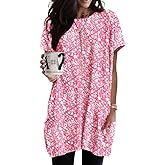 Naggoo Womens Short Sleeve Tunic Tops for Leggings Summer Casual Long Shirt with Pockets Floral Print T-Shirts