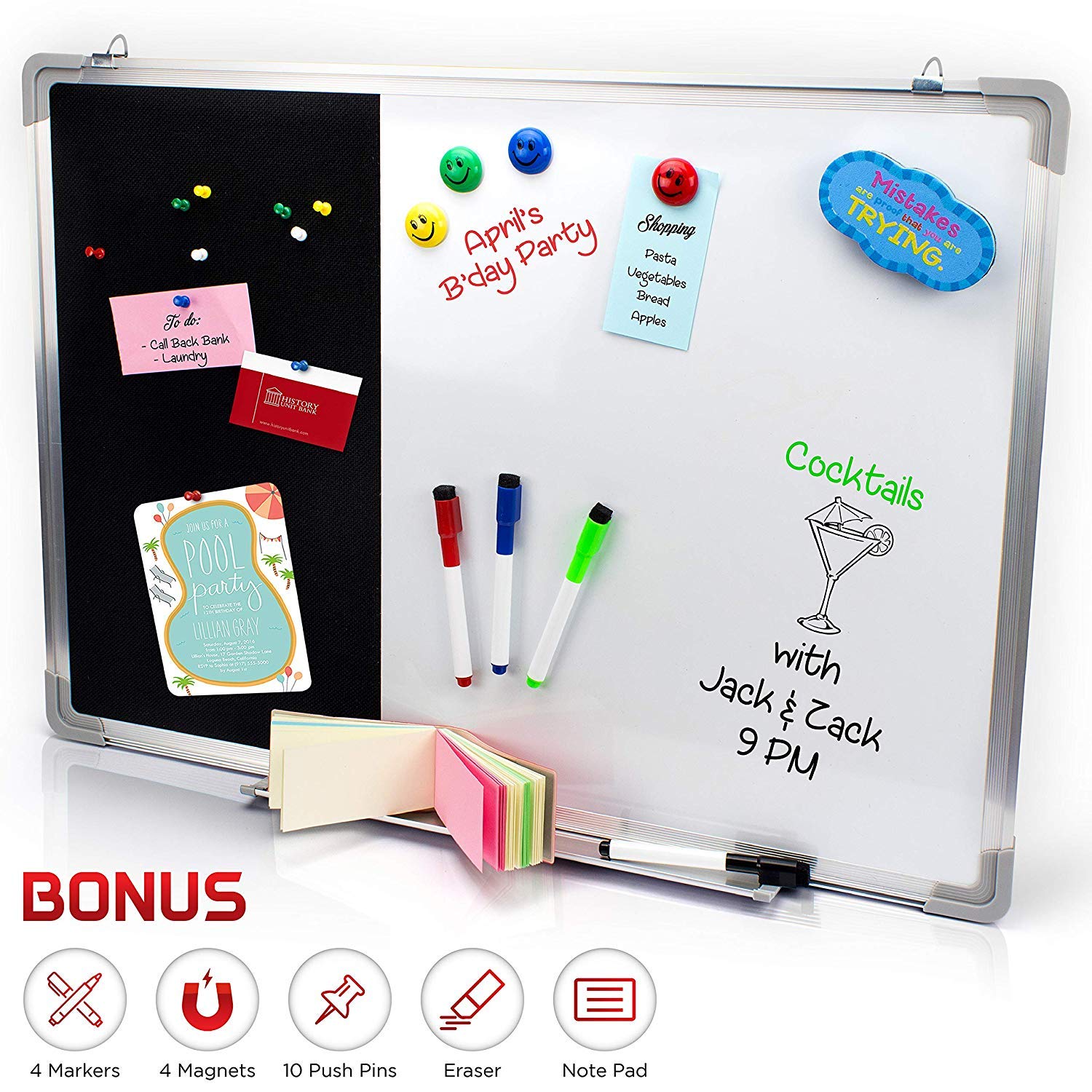 Combination Dry Erase Whiteboard & Black Felt Pin Bulletin Board. Vision/Memo Board for