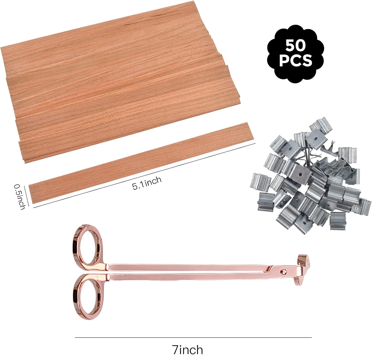 50 Pcs Wooden Wicks for Candle Making Rose Gold Candle Wick Trimmer and Iron Stands, Natural Wood Wicks for Candlemaking, Soy Wax Flakes for Candle Wax Making, Candle Making Supplies